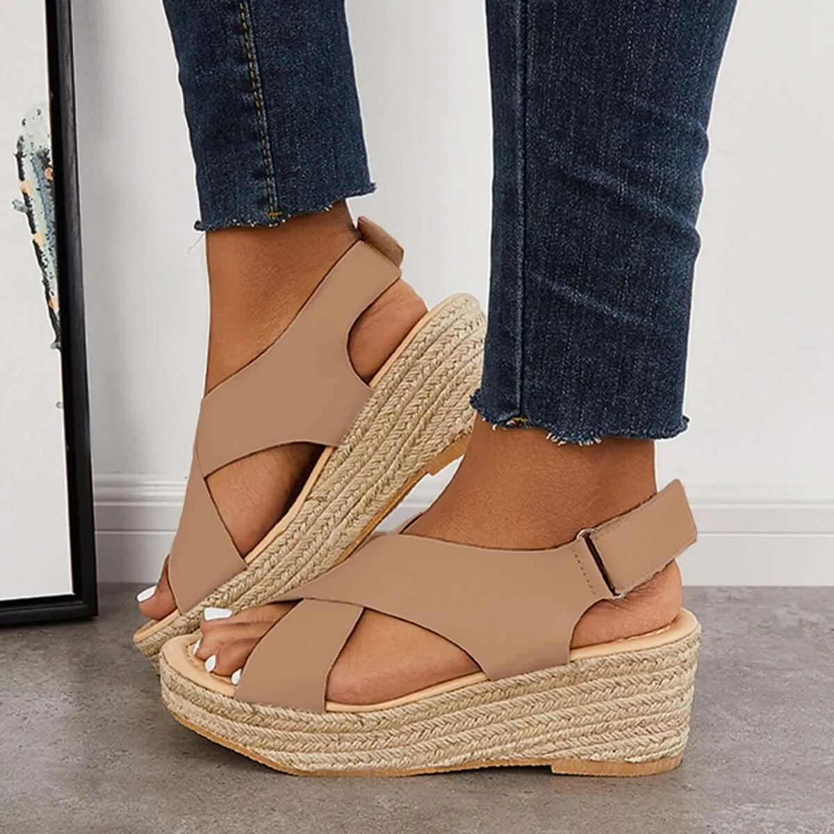 Sohiwoo Women Criss Cross Espadrilles Platform Wedges Ankle Strap Sandals