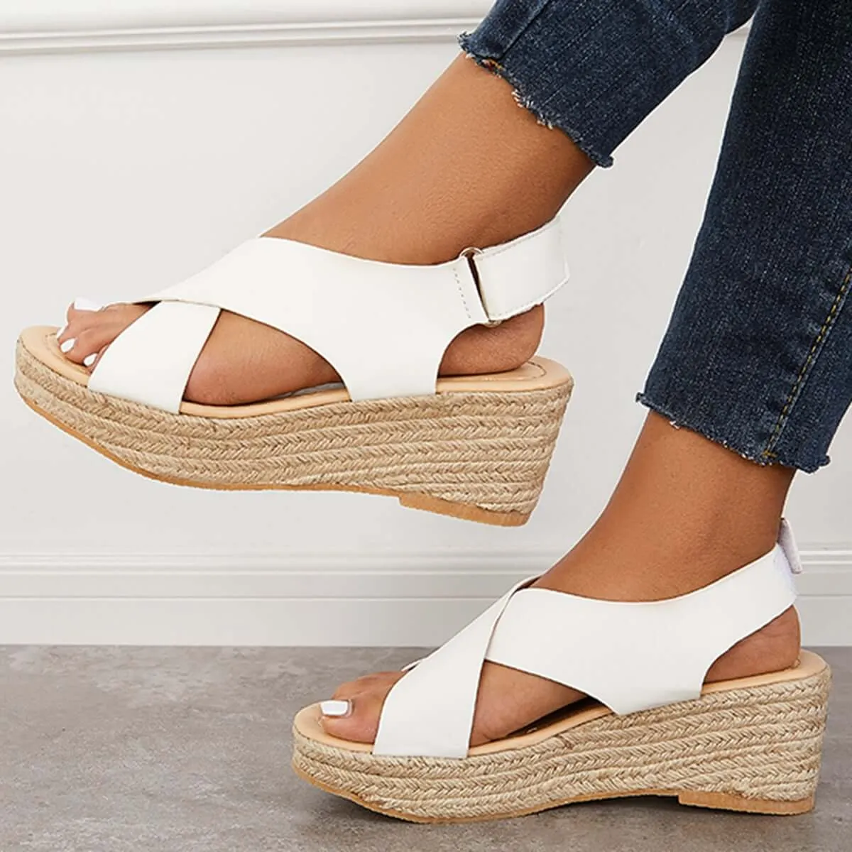 Sohiwoo Women Criss Cross Espadrilles Platform Wedges Ankle Strap Sandals