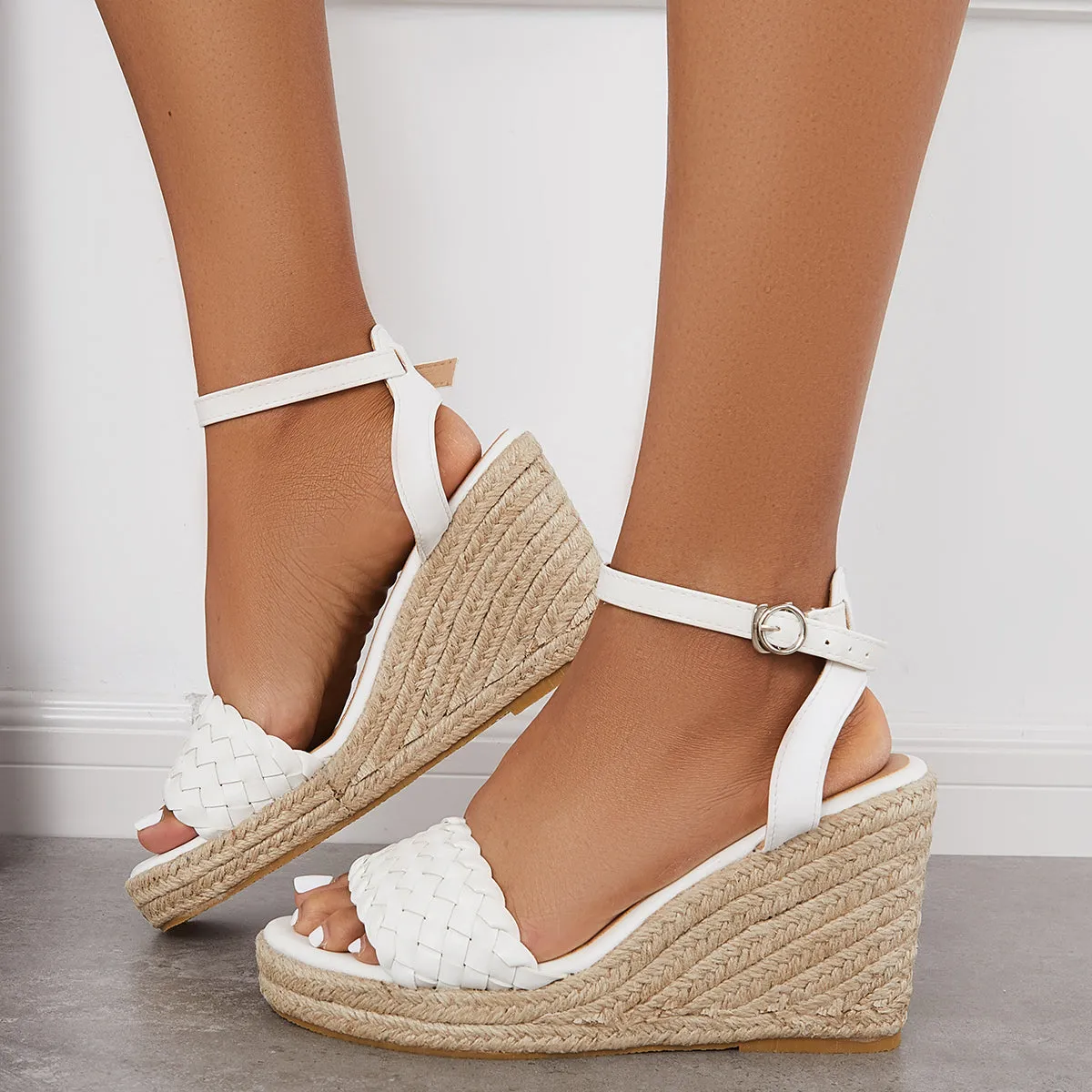 Sohiwoo Women Open Toe Espadrille Wedges Braided Vamp Ankle Strap Sandals