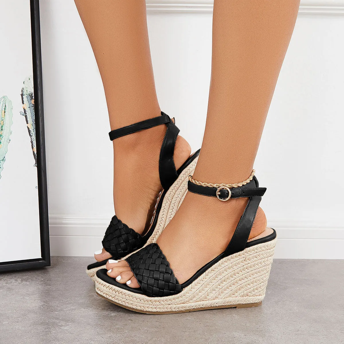 Sohiwoo Women Open Toe Espadrille Wedges Braided Vamp Ankle Strap Sandals