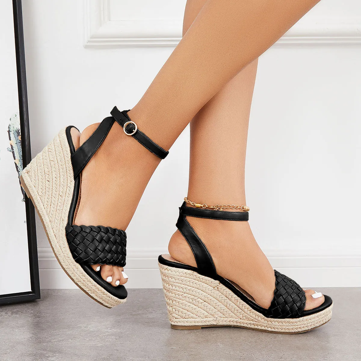 Sohiwoo Women Open Toe Espadrille Wedges Braided Vamp Ankle Strap Sandals