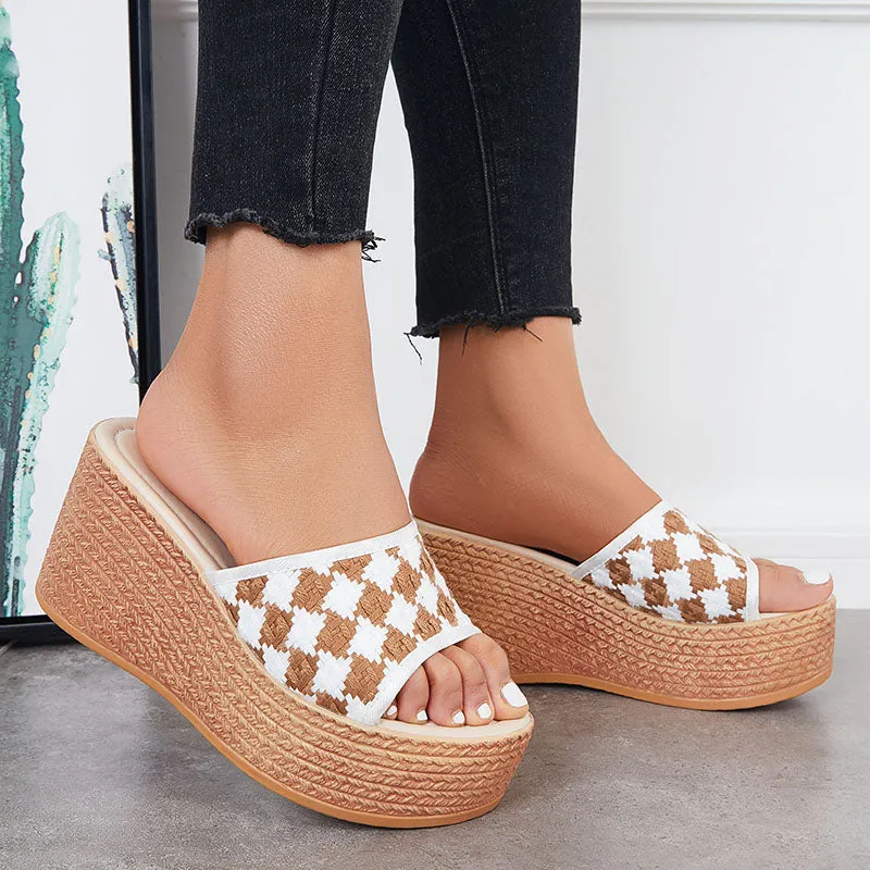 Sohiwoo  Women Open Toe Plaid Espadrille Wedges Slip on Summer Platform Sandals