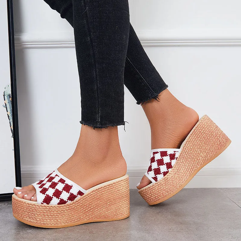 Sohiwoo  Women Open Toe Plaid Espadrille Wedges Slip on Summer Platform Sandals