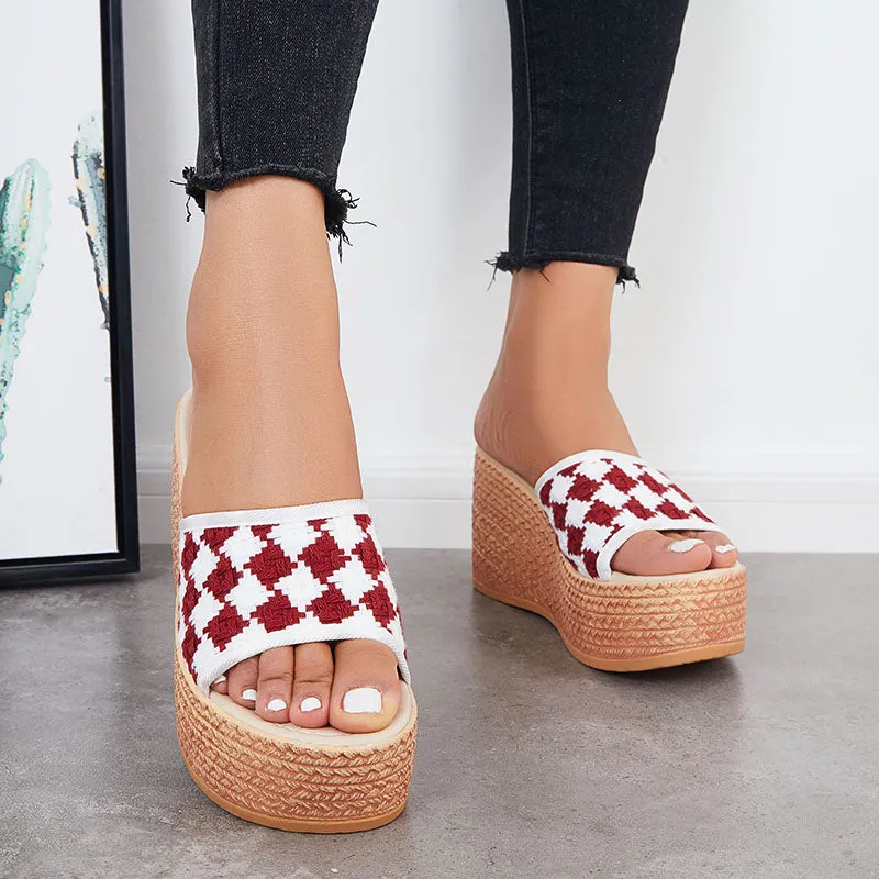 Sohiwoo  Women Open Toe Plaid Espadrille Wedges Slip on Summer Platform Sandals