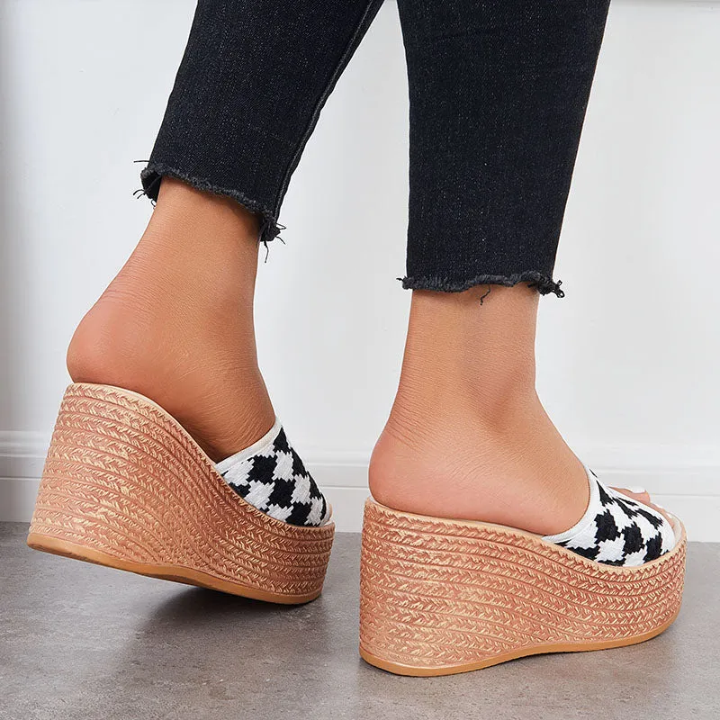 Sohiwoo  Women Open Toe Plaid Espadrille Wedges Slip on Summer Platform Sandals