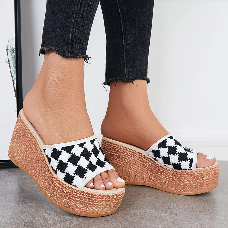 Sohiwoo  Women Open Toe Plaid Espadrille Wedges Slip on Summer Platform Sandals