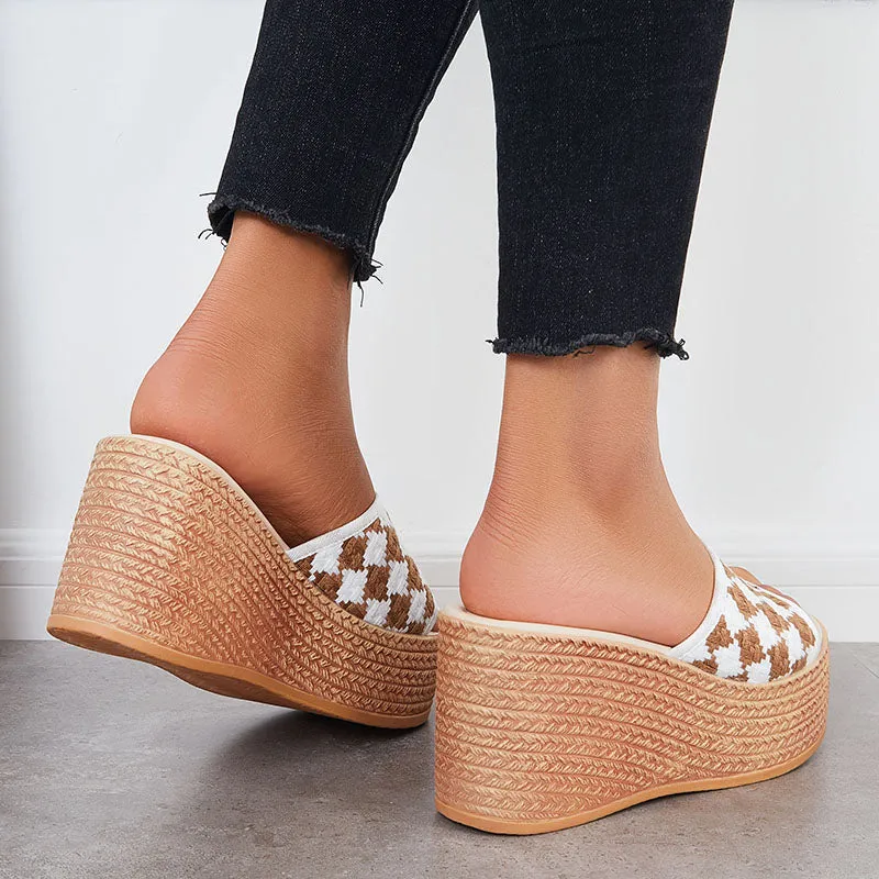 Sohiwoo  Women Open Toe Plaid Espadrille Wedges Slip on Summer Platform Sandals