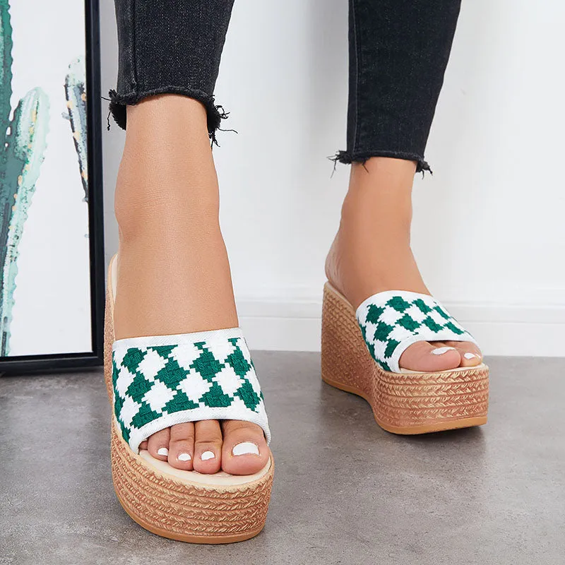 Sohiwoo  Women Open Toe Plaid Espadrille Wedges Slip on Summer Platform Sandals