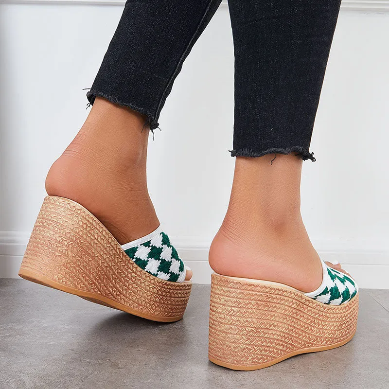 Sohiwoo  Women Open Toe Plaid Espadrille Wedges Slip on Summer Platform Sandals