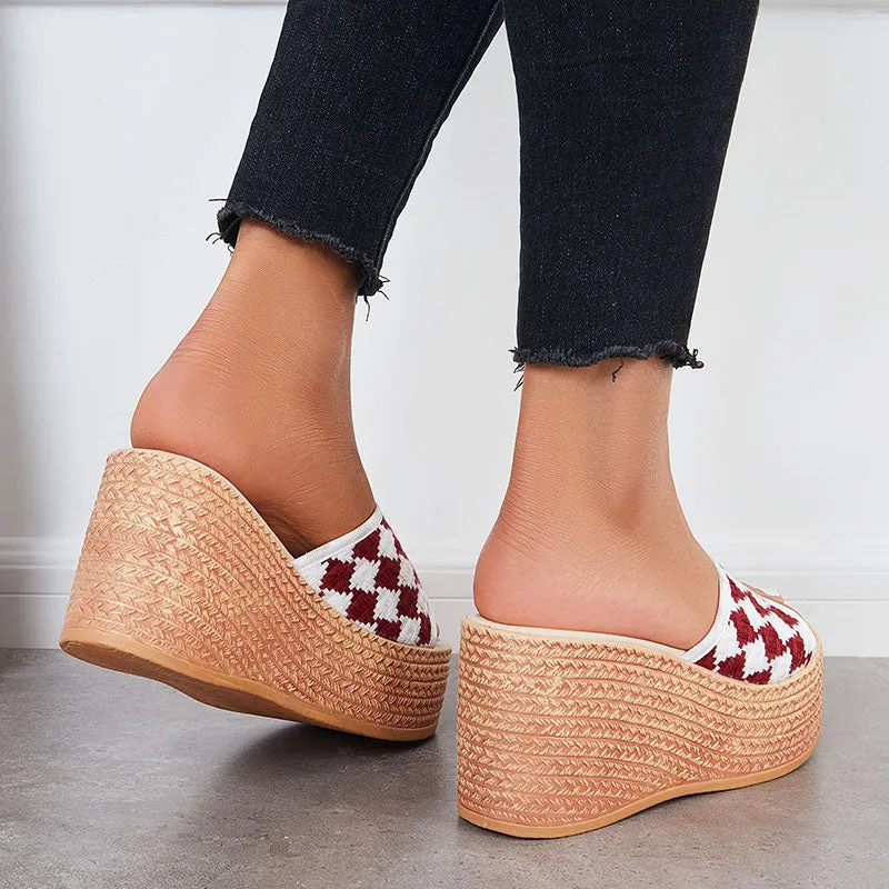 Sohiwoo  Women Open Toe Plaid Espadrille Wedges Slip on Summer Platform Sandals