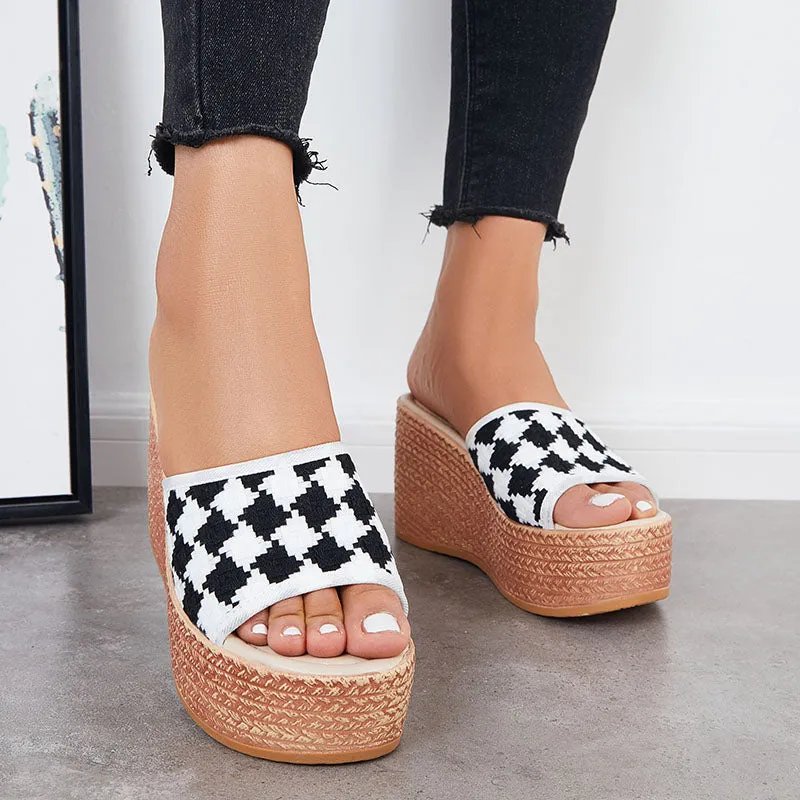 Sohiwoo  Women Open Toe Plaid Espadrille Wedges Slip on Summer Platform Sandals