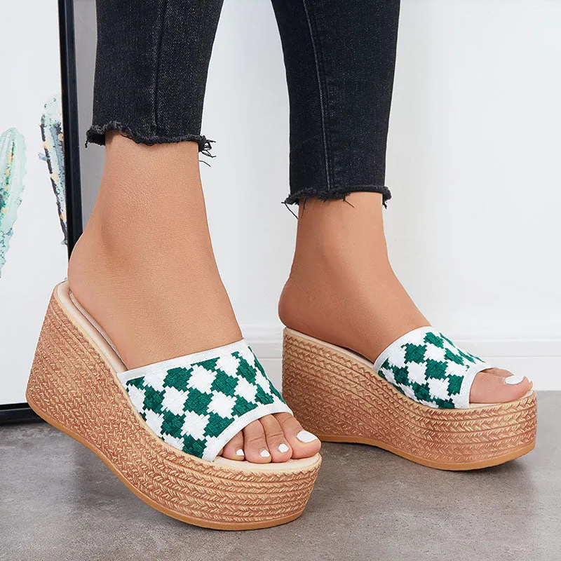 Sohiwoo  Women Open Toe Plaid Espadrille Wedges Slip on Summer Platform Sandals