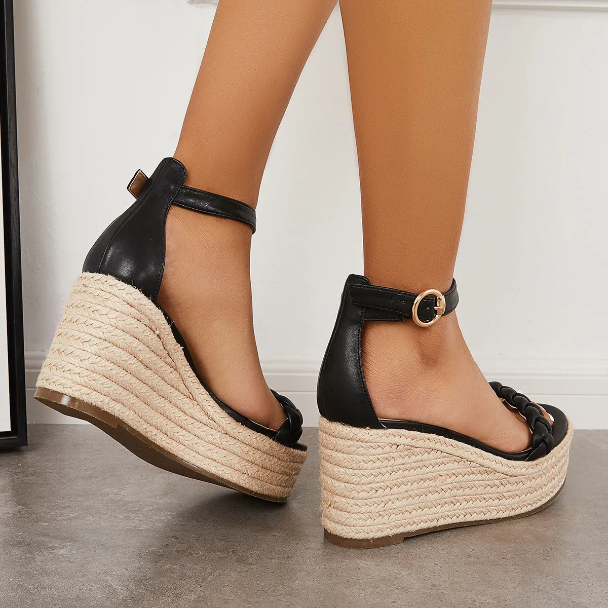 Sohiwoo Women Summer Platform Espadrille Wedges Braided Buckle Strap Sandals