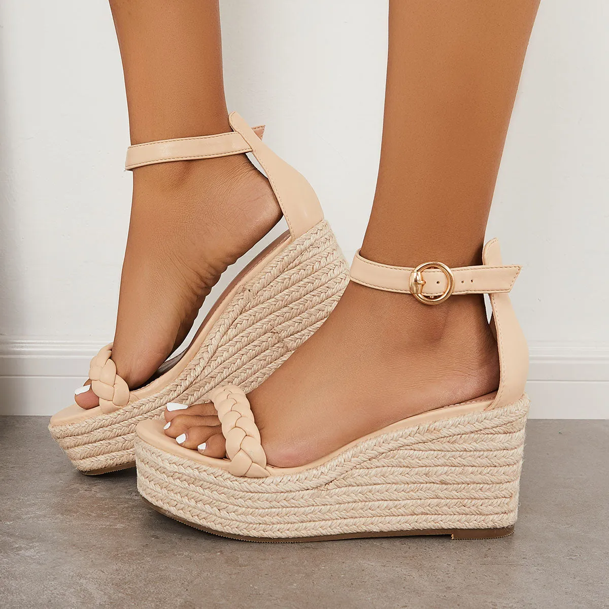 Sohiwoo Women Summer Platform Espadrille Wedges Braided Buckle Strap Sandals