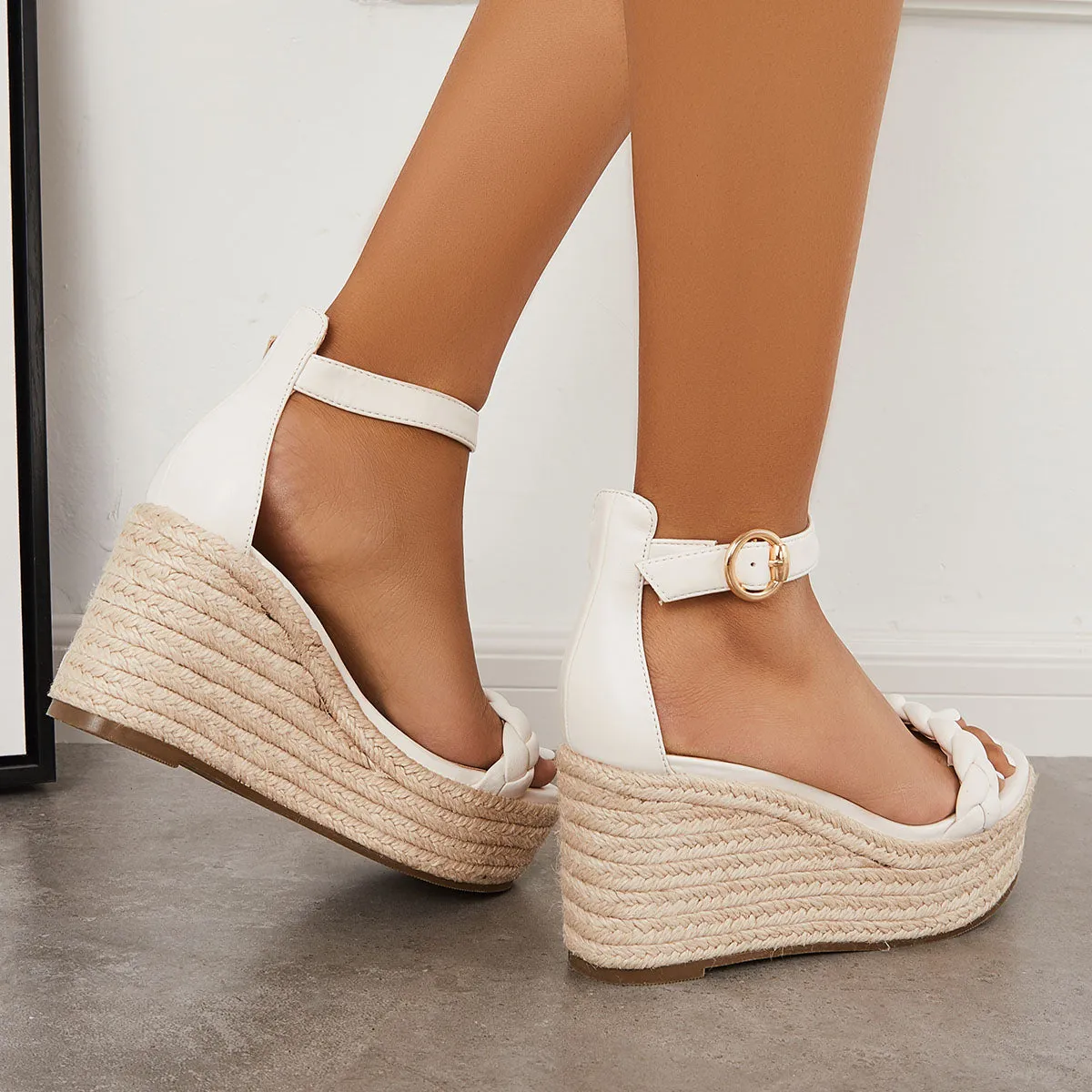 Sohiwoo Women Summer Platform Espadrille Wedges Braided Buckle Strap Sandals