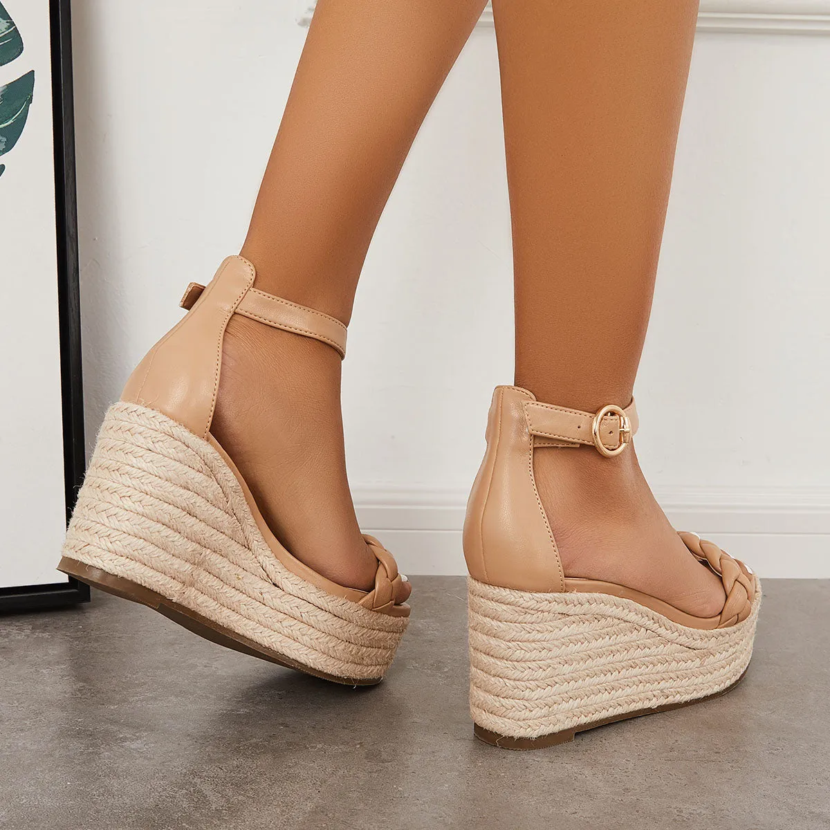 Sohiwoo Women Summer Platform Espadrille Wedges Braided Buckle Strap Sandals