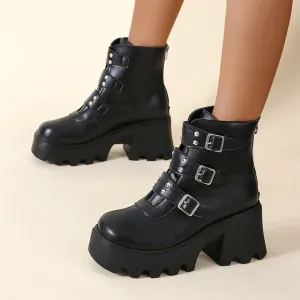 Women buckle strap back zipper chunky black platform boots