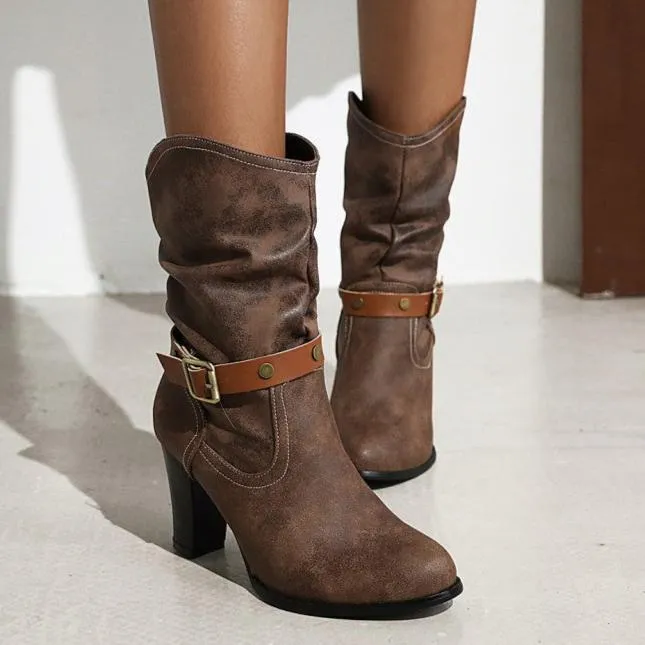 Women's vintage slouch mid calf boots chunky heels