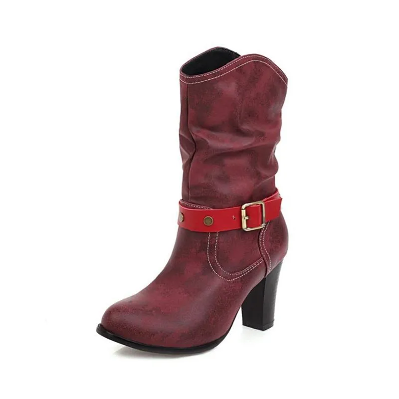 Women's vintage slouch mid calf boots chunky heels