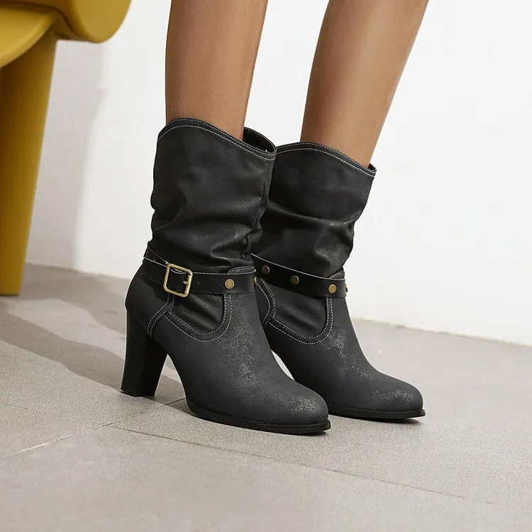 Women's vintage slouch mid calf boots chunky heels