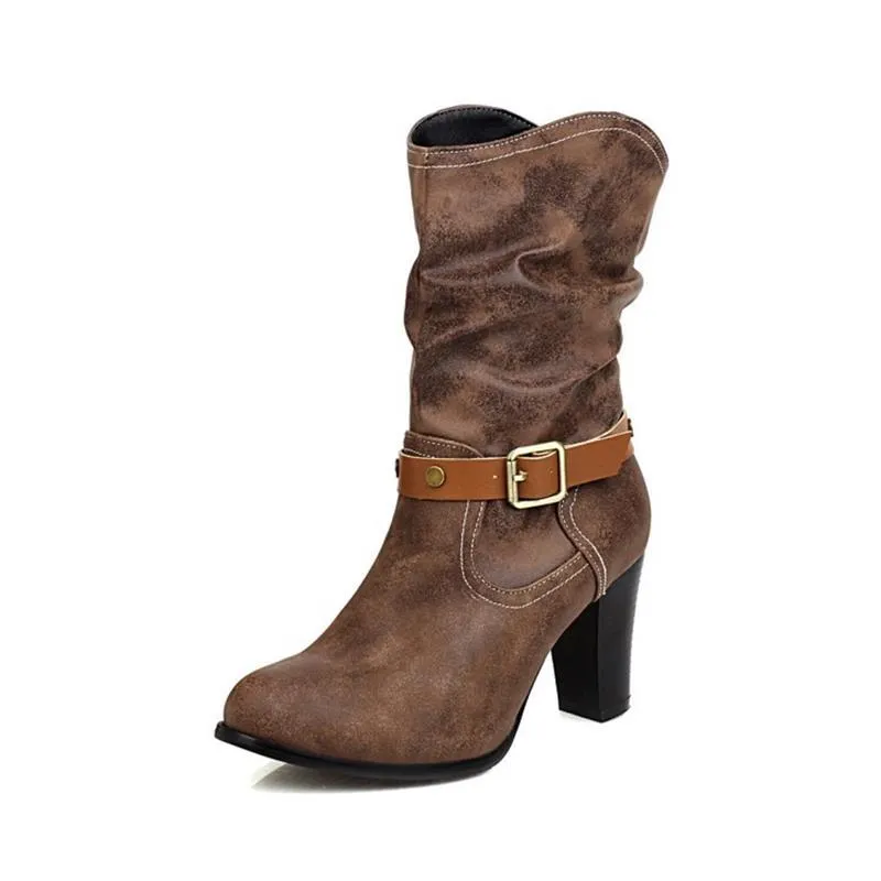 Women's vintage slouch mid calf boots chunky heels