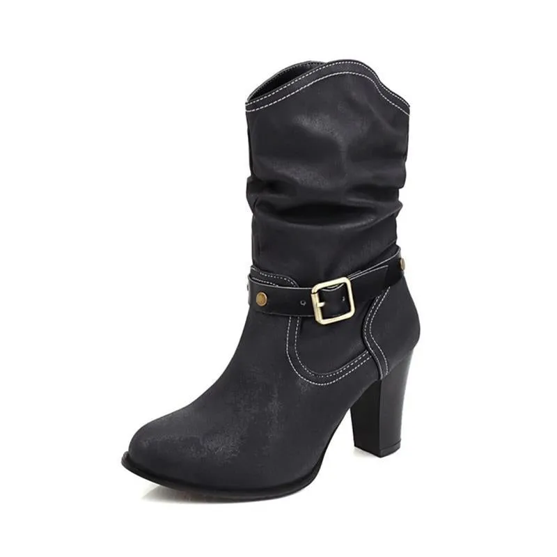 Women's vintage slouch mid calf boots chunky heels