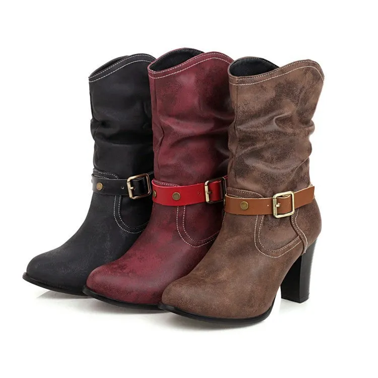 Women's vintage slouch mid calf boots chunky heels