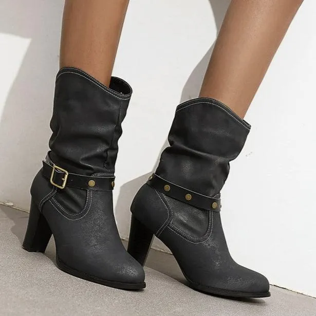 Women's vintage slouch mid calf boots chunky heels